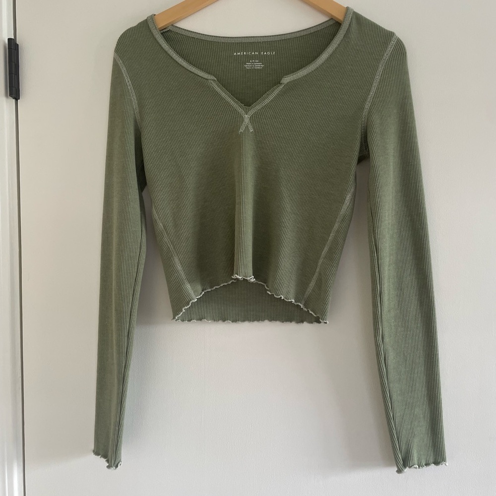 American Eagle Outfitters Sage Green Ribbed Long-Sleeve Crop Top